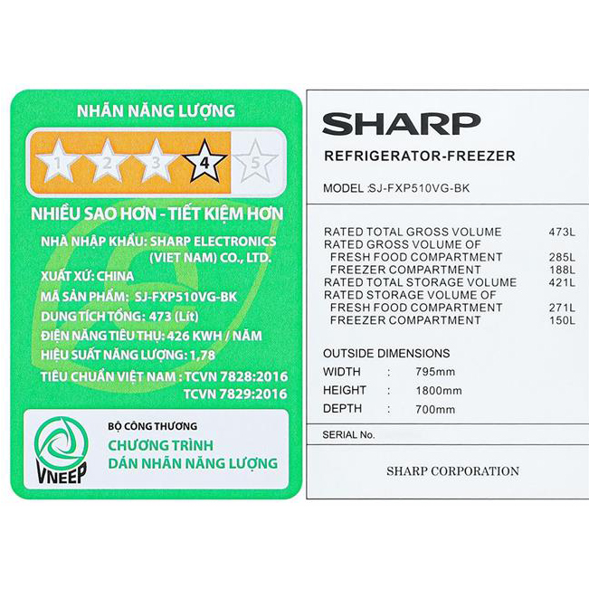 Tủ lạnh Sharp Inverter Multi Door 421 lít SJ-FXP510VG-BK